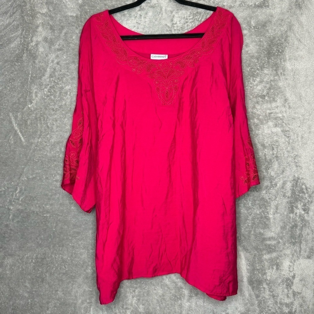 Catherines 2X Shirt Top Fuchsia Pink Solid 3/4 Sleeve Scoop Neck Lace Trim Women